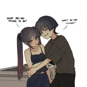 1boy 1girl alternate_costume aqua_eyes arm_at_side arm_support averting_eyes bare_shoulders black_camisole black_hair black_pants black_ribbon blunt_ends blush breasts camisole casual choppy_bangs cleavage collarbone colored_tips commentary contemporary couple embarrassed empty_eyes english_commentary english_text eyelashes fingernails genshin_impact gradient_hair grey_shirt grey_sleeves hair_ribbon hand_on_another's_hip hetero highres leaning_forward long_hair looking_at_another looking_to_the_side medium_breasts midriff_peek mona_(genshin_impact) multicolored_hair naughty_face navel open_mouth pants pink_hair pleated_shirt purple_eyes ribbon scaramouche_(genshin_impact) shirt short_sleeves sidelocks smug spaghetti_strap star_(symbol) star_print stove tsurime twintails white_background white_mouth ysnden rating:s score:6 post #9993319