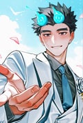 1boy black_hair black_shirt blue_fire blue_necktie blue_sky brown_eyes cloud collared_shirt fiery_horns fire flower flower_on_shoulder fructua_kk highres horns light_smile looking_at_viewer male_focus necktie offering_hand pink_petals rose sakimori_toji scar scar_on_cheek scar_on_face shirt sky solo spiked_hair suit thick_eyebrows tokyo_afterschool_summoners white_flower white_rose white_suit rating:g score:2 post #10174785