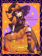 1girl black_hair black_hat bow dress hakurei_reimu halloween hat hat_bow highres looking_at_viewer nene_(kuroear99) pumpkin sitting smile socks solo striped_clothes striped_socks tongue tongue_out touhou witch_hat yellow_dress rating:g score:5 post #10172239