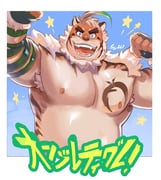 1boy ahoge animal_ears armpits arms_up artist_name bara belly blue_eyes character_name chest_markings cilohnoino commentary_request double_biceps_pose fangs fat fingerless_gloves flexing furry furry_male gloves green_gloves hombre_tigre_(housamo) male_focus muscular muscular_male nipples open_mouth pectorals smile spanish_commentary star_(symbol) tiger_boy tiger_ears tiger_stripes tokyo_afterschool_summoners topless_male translated whiskers white_hair rating:s score:3 post #8279625