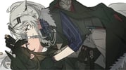 2girls animal_ears arknights black_gloves black_hair black_jacket blue_shirt commentary gloves grey_eyes grey_hair grey_pants hand_in_another's_hair highres jacket jacket_on_shoulders lappland_(arknights) lappland_the_decadenza_(arknights) lappland_the_decadenza_(unruly_humbleness)_(arknights) long_hair multiple_girls official_alternate_costume orange_eyes pants seri_(vyrlw) shirt simple_background symbol-only_commentary texas_(arknights) texas_the_omertosa_(arknights) texas_the_omertosa_(wingbreaker)_(arknights) white_background wolf_ears yuri rating:s score:6 post #10175113