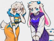 2girls angela_flux atlyss bell black_eyes blue_eyes blush breasts cosplay costume_switch embarrassed fangs furry glasses grey_background horns large_breasts monoskii multiple_girls tail toriel undertale utdr_(toby_fox) white_fur rating:s score:3 post #10162189