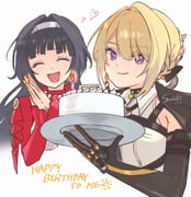 2girls artist_name astra_yao black_gloves black_hair blonde_hair blunt_bangs breasts cake closed_eyes evelyn_chevalier food gloves happy_birthday highres holding holding_cake holding_food looking_at_viewer multiple_girls purple_eyes smile sun_(knp_ta1y0) white_background zenless_zone_zero rating:g score:13 post #10170311