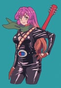 1girl aqua_background black_bodysuit bodysuit breasts brown_eyes brown_gloves brown_hair cleavage commentary_request cropped_legs gloves gradient_hair guitar highres hijiri_byakuren instrument jean_(jean_sp) long_hair looking_to_the_side multicolored_hair purple_hair simple_background smile solo touhou turbo_byakuren two-tone_hair rating:s score:4 post #10176665