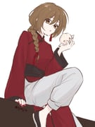 1girl alternate_hair_length alternate_hairstyle braid brown_eyes brown_hair chinese_clothes commentary_request earrings food hair_ribbon hariikei holding holding_food jewelry long_hair long_sleeves looking_at_viewer mandarin_collar meiko_(vocaloid) nail_polish pants parted_lips ribbon sitting solo steamed_bun tassel tassel_earrings vocaloid rating:g score:1 post #10175067