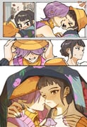 1boy 1girl >_< absurdres arm_around_neck bare_shoulders biting biting_cheek black_hair black_nails blunt_bangs brown_eyes clenched_teeth couple detached_sleeves dragonla earrings food fruit furrowed_brow hair_over_eyes hands_on_headwear hetero highres imminent_kiss jewelry kpop_demon_hunters mystery_(kpop_demon_hunters) nail_polish one_eye_closed open_mouth orange_(fruit) orange_arm_warmers orange_hair orange_slice parted_lips pink_nails purple_hair purple_sweater_vest shirt shirt_under_sweater short_bangs short_hair shouting sidelocks sleeveless sleeveless_turtleneck sweatdrop sweater_vest teeth turtleneck under_covers updo white_shirt zoey_(kpop_demon_hunters) rating:s score:0 post #10174471