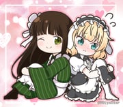 2girls ;) animal_ears apron back-to-back black_hairband black_pantyhose black_skirt black_vest blonde_hair blue_eyes blush brown_hair chibi chibi_only closed_mouth commentary employee_uniform fleur_de_lapin_uniform floppy_ears flying_sweatdrops frilled_apron frills gochuumon_wa_usagi_desu_ka? green_eyes green_kimono hairband heart heart_background hugging_own_legs japanese_clothes kimono kirima_syaro knees_up long_hair mitya multiple_girls no_shoes nose_blush one_eye_closed pantyhose puffy_short_sleeves puffy_sleeves shirt short_sleeves sitting skirt smile striped_clothes striped_kimono twitter_username ujimatsu_chiya vertical-striped_clothes vertical-striped_kimono very_long_hair vest waitress watermark white_apron white_pantyhose white_shirt wrist_cuffs rating:g score:0 post #9983027