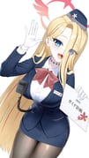 1q_(madoromi_minority) :d \|||/ black_pantyhose blonde_hair blue_archive blue_eyes blue_hat blue_jacket blue_skirt bow bowtie breasts buttons collared_shirt commentary curtained_hair dress_shirt eyes_visible_through_hair fang garrison_cap gloves gradient_halo hair_over_one_eye halo hand_up hat holding holding_sign jacket large_breasts leaning_forward long_hair long_sleeves multicolored_hair multicolored_halo name_tag neck_tattoo official_alternate_costume open_hand open_mouth pantyhose pencil_skirt pina_(blue_archive) pina_(guide)_(blue_archive) red_bow red_bowtie red_halo red_streaks shirt sign simple_background skin_fang skirt smile streaked_hair tattoo tour_guide walkie-talkie waving white_background white_gloves white_shirt winged_halo rating:s score:7 post #10172236