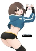 1girl absurdres alice_gunlock ass black_gloves black_shorts black_thighhighs blue_hoodie blue_nails brown_hair cat_earrings crop_top crop_top_overhang cropped_hoodie earrings english_text fav_faris fingerless_gloves gloves hair_ornament hairclip hands_up heart heart_hands highres hood hood_down hoodie jewelry leaning_forward long_bangs looking_at_viewer looking_back median_furrow medium_hair micro_shorts milestone_celebration nail_polish open_mouth original parted_bangs shorts simple_background smile solo standing thank_you thighhighs turning_head white_background rating:s score:8 post #10166603