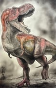 animal animal_focus commentary_request day dinosaur english_commentary gyolome_club highres mixed-language_commentary no_humans original outdoors traditional_media tyrannosaurus_rex watermark rating:g score:2 post #10175182