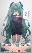 1girl aged_down aqua_eyes aqua_hair artist_name black_sweater closed_eyes commentary cowboy_shot english_commentary english_text grin hatsune_miku heart heart-shaped_pupils highres long_hair mesugaki naughty_face off-shoulder_sweater off_shoulder oversized_clothes sleeves_past_wrists smile solo speech_bubble standing sweater sydus symbol-shaped_pupils thighs twintails twitter_username very_long_hair vocaloid rating:s score:21 post #10169560