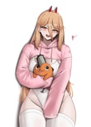 1girl absurdres animal blonde_hair blush breasts chainsaw chainsaw_man commentary cowboy_shot cross-shaped_pupils demon_girl demon_horns dog double-parted_bangs english_commentary hair_between_eyes highres holding holding_animal holding_dog hood hood_down hooded_shrug horns leotard long_hair long_hair_between_eyes long_sleeves looking_at_viewer no_pants open_mouth pink_shrug pochita_(chainsaw_man) power_(chainsaw_man) red_horns ribbed_leotard sharp_teeth shrug_(clothing) simple_background sleeves_past_fingers sleeves_past_wrists solo_focus symbol-shaped_pupils teeth thick_thighs thighhighs thighs white_leotard white_thighhighs yellow_eyes yukaraishin rating:s score:14 post #10167709