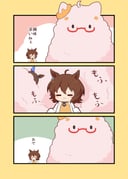2girls 3koma :3 admire_vega_(umamusume) agnes_tachyon_(tach-nology)_(umamusume) agnes_tachyon_(umamusume) ahoge animal_ears biwa_hayahide_(umamusume) blush_stickers brown_hair chibi closed_eyes closed_mouth comic commentary_request commission glasses gomashio_(goma_feet) highres horse_ears lab_coat long_sleeves multiple_girls open_clothes pixiv_commission red-framed_eyewear semi-rimless_eyewear sleeves_past_fingers sleeves_past_wrists sweater translation_request umamusume under-rim_eyewear yellow_sweater |_| rating:g score:4 post #10167986