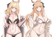2girls absurdres animal_ear_fluff animal_ears arknights aunt_and_niece belly_chain blemishine_(arknights) blonde_hair blue_eyes bra breasts brown_eyes coat covered_nipples cowboy_shot extra_ears hair_ribbon highres horse_ears horse_girl horse_tail implied_extra_ears jewelry ken_(shutenndouji1) large_breasts long_hair multiple_girls navel nightgown panties ribbon stomach tail underwear whislash_(arknights) rating:q score:70 post #10110460