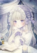 1girl blonde_hair blunt_bangs blush book bow candle chin_strap choker closed_mouth collarbone commentary_request curtains dress elbow_rest elbows_on_table fire frilled_choker frilled_hairband frilled_wrist_cuffs frills hairband hands_on_own_face hands_up head_rest highres indoors ink inkwell juliet_sleeves lolita_fashion lolita_hairband long_hair long_sleeves looking_at_viewer original puffy_sleeves purple_bow purple_eyes purple_ribbon purple_wrist_cuffs quill ribbon ribbon-trimmed_hairband solo table uni_(setsuna_gumi39) very_long_hair white_choker white_dress white_hairband wrist_cuffs rating:g score:1 post #10175153