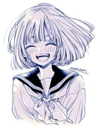 1girl :d artist_name blush bob_cut commentary_request cropped_torso facing_viewer greyscale happy himawari-san kazamatsuri_matsuri monochrome neckerchief open_mouth sailor_collar school_uniform serafuku shirt short_hair signature simple_background smile solo sugano_manami teeth upper_body upper_teeth_only white_background rating:g score:3 post #10175275