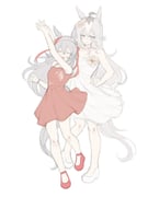 2girls ahoge alternate_costume animal_ears bare_shoulders blue_eyes blush breasts cleavage closed_eyes closed_mouth dancing dress flower full_body grey_hair grey_tail hair_between_eyes highres horse_ears horse_girl horse_tail koppiaa long_hair multicolored_hair multiple_girls oguri_cap_(umamusume) open_mouth red_dress shoes simple_background smile tail tamamo_cross_(umamusume) umamusume umamusume:_cinderella_gray very_long_hair white_background white_dress rating:s score:9 post #10167990
