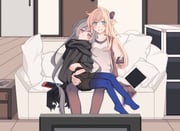 2girls blonde_hair blush breasts collared_dress commentary_request couch couple dress duel_monster emptyayya green_eyes grey_hair highres long_hair long_sleeves multiple_girls red_eyes sky_striker_ace_-_raye sky_striker_ace_-_roze thighhighs two-tone_dress yu-gi-oh! yuri rating:s score:6 post #10174033