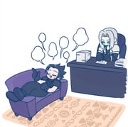105zz 2boys armor black_boots black_coat black_gloves black_hair black_pants black_shirt blank_speech_bubble boots chain chest_strap closed_eyes coat couch cross_scar crossed_ankles desk final_fantasy final_fantasy_vii full_body gloves green_eyes grey_hair hair_slicked_back holding holding_pen long_hair male_focus medium_hair multiple_boys open_mouth pants paper_stack parted_bangs pauldrons pen reclining rug scar scar_on_cheek scar_on_face sephiroth shirt shoulder_armor sideburns sitting sleeveless sleeveless_turtleneck slit_pupils smile speech_bubble suspenders talking turtleneck white_background writing zack_fair rating:g score:0 post #10173998