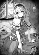 alice_margatroid ascot capelet character_doll cup doll dress frilled_ascot frilled_cape frilled_sash frills greyscale hairband highres hourai_doll jacket_girl_(dipp) komeijirenji label_girl_(dipp) lolita_hairband looking_at_viewer monochrome noose sash satsuki_rin short_hair socks straw_doll table touhou tree wind rating:g score:17 post #10083913