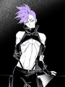 1boy arm_behind_back asymmetrical_hair baiquan2025 bare_shoulders black_pants black_shirt black_sleeves body_markings closed_mouth cowboy_shot crop_top detached_sleeves dragon_boy_(to_be_hero_x) eyebrow_piercing face_piercing facial_mark highres male_focus midriff pants piercing purple_eyes purple_hair shirt short_hair sidecut smile solo to_be_hero to_be_hero_x undercut rating:g score:1 post #10170575