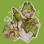 1boy 1girl :d >_< bandage_over_one_eye blonde_hair brown_hair bucket_hat chibi chullo curly_hair english_text eyewear_on_headwear fangs floffyusa florian_brand florian_brand_(leonard) frog_charm frog_hat green_eyes green_hoodie hat high_collar highres holding holding_water_gun hood hoodie identity_v layered_sleeves long_sleeves short_hair short_over_long_sleeves short_sleeves smile symbol-shaped_pupils tied_hoodie_strings tracy_reznik tracy_reznik_(sally) water_gun wavy_hair rating:g score:1 post #10132709