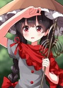 1girl arm_up black_hair blurry blurry_background blush bow braid brown_hat buttons capelet commentary_request day frilled_hat frills grey_shirt hair_bow hat highres hot long_hair looking_to_the_side open_mouth outdoors red_bow red_capelet red_eyes red_ribbon ribbon rice_hat ruu_(tksymkw) shirt short_sleeves solo sweat touhou upper_body yatadera_narumi rating:g score:4 post #10137124