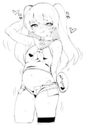 1girl azur_lane bache_(azur_lane) belly condom condom_wrapper flat_chest greyscale long_hair mesugaki monochrome morisoba_(silent_hill) navel short_shorts shorts simple_background thick_thighs thighs tongue tongue_out twintails white_background rating:s score:22 post #9964753