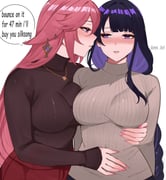 2girls absurdres alternate_costume animal_ears arnkun blunt_bangs blush braid breasts brown_sweater closed_mouth covered_navel earrings english_commentary english_text fingernails fox_ears fox_girl gem genshin_impact gold_earrings grey_sweater hair_between_eyes hand_around_waist highres jewelry large_breasts long_fingernails long_hair long_sleeves looking_at_another multiple_girls nail_polish necklace pants pink_hair pink_lips pink_nails purple_eyes purple_gemstone purple_hair raiden_shogun red_pants sidelocks simple_background single_braid speech_bubble standing sweater teeth turtleneck turtleneck_sweater white_background yae_miko yuri rating:s score:0 post #10175945