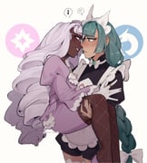 2girls absurdres anger_vein apron ascot black_dress blush bow braid braided_ponytail brooch brown_eyes carrying dark-skinned_female dark_skin dress eye_contact fishnet_pantyhose fishnets frilled_ascot frills gloves green_hair highres interracial jacinthe_(pokemon) jewelry juliet_sleeves korichi_celeste lebanne_(pokemon) light_frown long_braid long_hair long_sleeves looking_at_another looking_at_viewer low_drills maid maid_apron maid_headdress master_and_servant mega_stone multiple_girls musical_note pantyhose parted_lips pencil_dress pokemon pokemon_legends:_z-a princess_carry profile puffy_sleeves purple_dress purple_eyes purple_hair short_dress single_braid smile spoken_anger_vein spoken_musical_note sweatdrop very_dark_skin very_long_hair white_bow yuri rating:g score:19 post #10153658