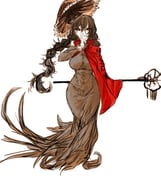 1girl abs ajirogasa braid braided_ponytail breasts cape commentary_request dress hair_between_eyes hand_up hat highres holding holding_staff impossible_clothes impossible_dress kyanduru large_breasts long_hair red_cape red_dress red_eyes shakujou simple_background solo staff touhou very_long_hair white_background yatadera_narumi rating:g score:8 post #10129285
