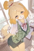 1girl absurdres animal_crossing animal_ears animal_nose black_eyes blush body_fur clock commentary dog_ears dog_girl dog_tail english_commentary furry furry_female green_skirt highres isabelle_(animal_crossing) klopsiak looking_at_viewer open_mouth pencil_skirt shirt short_hair skirt smile snout solo tail teeth thighs white_shirt window yellow_fur rating:g score:14 post #10144193