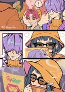 ! 1girl 2boys abby_(kpop_demon_hunters) beanie black_hair blush collared_shirt double_bun dragonla earrings furrowed_brow hair_bun hair_over_eyes hat hetero highres hood hoodie jewelry kpop_demon_hunters light_smile lipstick_mark multiple_boys mystery_(kpop_demon_hunters) orange_hat orange_hoodie orange_sweater parted_bangs parted_lips pink_hair print_shirt purple_hair purple_sweater_vest shirt short_bangs short_hair sidelocks sleeveless sleeveless_turtleneck spoken_exclamation_mark sunglasses sweater sweater_vest turtleneck twintails upper_body zoey_(kpop_demon_hunters) rating:g score:0 post #10174542