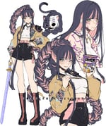 1girl black_boots black_shorts blue_eyes blunt_bangs body_markings boots braid braided_ponytail colored_inner_hair criis-chan crop_top cup_ramen derpy_(kpop_demon_hunters) earrings heterochromia holding holding_sword holding_weapon honekoneko_(psg) jewelry kpop_demon_hunters legs long_hair looking_at_viewer multicolored_hair multiple_views panty_&_stocking_with_garterbelt rumi_(kpop_demon_hunters) shirt shorts simple_background stocking_(psg) striped_clothes sword two-tone_hair weapon white_background white_shirt yellow_eyes rating:g score:1 post #10175388