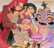 3girls arms_around_neck bird black_hair black_hat black_scarf black_skirt blunt_bangs blush body_markings braid brown_eyes brown_jacket cake closed_eyes closed_mouth colored_sclera crop_top crow dated derpy_(kpop_demon_hunters) double_bun earrings facial_mark fangs food glasses hair_bun hat highres holding holding_cake holding_food hug hug_from_behind jacket jacket_partially_removed jewelry kpop_demon_hunters long_hair midriff mira_(kpop_demon_hunters) multiple_girls off-shoulder_shirt off_shoulder one_eye_closed open_mouth parted_bangs parted_lips party_hat pink_hair purple_hair red_sclera round_eyewear rumi_(kpop_demon_hunters) scarf shirt short_bangs short_hair sidelocks single_braid skirt sleepykai32 sleeveless sleeveless_shirt smile sussie_(kpop_demon_hunters) teeth tiger twintails upper_body white_shirt yellow_eyes yellow_jacket zoey_(kpop_demon_hunters) rating:g score:0 post #10175072
