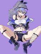 1girl absurdres black_boots black_jacket black_shorts boots breasts commentary_request cropped_jacket drill_hair drill_ponytail fishnet_socks fishnets fur-trimmed_jacket fur_trim goggles grey_eyes grey_hair hair_between_eyes highres honkai:_star_rail honkai_(series) jacket long_hair looking_at_viewer navel open_mouth purple_background shirt shoe_soles shoes shorts silver_wolf_(honkai:_star_rail) simple_background single-shoulder_shirt single_sock sitting small_breasts smile socks solo spread_legs thigh_strap white_shirt yamamoto_kichiko rating:s score:34 post #10077421