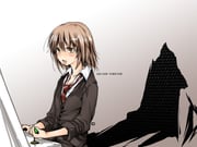 19_(nin19) 1girl arcade_cabinet blush brown_background brown_hair brown_jacket brown_sleeves collared_shirt controller english_text gradient_background jacket joystick loose_hair_strand medium_hair necktie open_mouth orange_necktie original partially_shaded_face red_necktie shadow shirt signature sitting sleeves_rolled_up solo staring straight_hair striped_necktie three-quarter_sleeves two-tone_background undershirt white_background white_shirt wing_collar yellow_eyes rating:g score:1 post #10175313