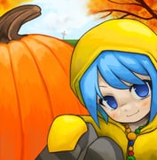 1girl autumn autumn_leaves bead_necklace beads blue_eyes blue_hair blue_sky blush close-up cloud cloudy_sky commentary cross english_commentary grey_thighhighs hand_on_own_knee highres hood hood_up horizon jacket jewelry jubilee_2025 knees_up leaf light_smile looking_at_viewer luce_(jubilee_2025) necklace on_ground orange_leaf prayer_beads pumpkin raincoat rosary short_hair sitting sky sleeves_past_fingers sleeves_past_wrists smile solo striped_clothes striped_thighhighs swept_bangs symbol-shaped_pupils thighhighs tree very_long_sleeves yellow_jacket yellow_raincoat zoolpal rating:g score:1 post #10165888