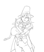 1girl absurdres ascot bad_id bad_pixiv_id bandana belt capotain cat coat commentary_request darkest_dungeon graverobber_(darkest_dungeon) greyscale hat highres long_hair monochrome pants varamill rating:s score:6 post #4960477