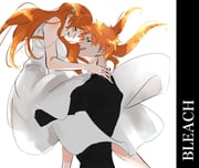 1boy 1girl bare_shoulders black_shirt bleach blush breasts closed_eyes commentary_request copyright_name couple dress hair_ornament hand_on_another's_shoulder hetero highres inoue_orihime kurosaki_ichigo large_breasts long_dress long_hair mozukurinn open_mouth orange_hair shirt short_hair sleeveless sleeveless_dress smile snowflake_hair_ornament white_background white_dress rating:s score:0 post #10169931