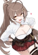 1girl :d absurdres ahoge archery_shooting_glove belt black_gloves bluefield breasts brown_corset brown_eyes brown_hair cleavage cleavage_cutout clothing_cutout commentary corset crossed_bangs dagger double-parted_bangs feather_hair_ornament feathers gloves hair_between_eyes hair_ornament hairclip hand_on_own_hip heart high_collar highres hololive hololive_english knife long_hair looking_at_viewer medium_breasts miniskirt multicolored_hair nanashi_mumei nanashi_mumei_(1st_costume) open_mouth partially_fingerless_gloves pleated_skirt ponytail red_skirt sheath sheathed shirt simple_background single_thighhigh skindentation skirt smile solo split_ponytail streaked_hair teeth thigh_strap thighhighs three-quarter_sleeves underbust upper_teeth_only very_long_hair virtual_youtuber weapon white_background white_shirt rating:s score:59 post #10133102