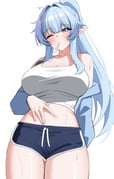 1girl absurdres bare_shoulders blue_eyes blue_hair blue_jacket blue_shorts blush breasts character_pria cleavage commission cowboy_shot crop_top dolphin_shorts drawstring hand_on_own_stomach high_ponytail highres jacket large_breasts long_hair looking_at_viewer midriff mouth_hold navel off_shoulder one_eye_closed original pointy_ears ponytail shirt short_shorts shorts sidelocks simple_background sleeveless sleeveless_shirt solo stomach suisen_(suisenhwa) sweat thighs white_background white_shirt rating:s score:9 post #10173714