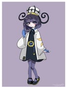 1girl :o belt belt_buckle black_dress black_shoes blue_gloves blunt_bangs blush bob_cut border buckle coat dress eyelashes full_body gloves gwynn_(pokemon) hat highres kininaru_ano_ko long_sleeves looking_at_viewer o-ring o-ring_belt open_clothes open_coat open_mouth pantyhose partially_fingerless_gloves pokemon pokemon_legends:_z-a purple_background purple_eyes purple_hair shoes short_hair signature sleeves_past_wrists solo standing white_border white_coat white_hat rating:g score:3 post #10175695