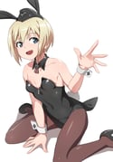 1girl alternate_costume black_leotard black_pantyhose black_shoes blonde_hair blue_eyes breasts commentary cross erica_hartmann highres insignia iron_cross leotard looking_at_viewer nanashino open_mouth pantyhose playboy_bunny shoes short_hair simple_background sitting small_breasts solo strike_witches white_background world_witches_series wrist_cuffs rating:s score:8 post #10171786
