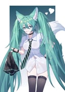 1girl absurdres animal_ear_fluff animal_ears black_choker black_gloves black_skirt black_thighhighs border bottomless breasts choker collarbone collared_shirt commentary extra_ears fingerless_gloves fox_ears fox_girl fox_tail gloves green_background green_eyes green_hair green_necktie grin hair_between_eyes hand_on_own_hip hatsune_miku highres holding holding_unworn_clothes holding_unworn_skirt kemonomimi_mode long_hair looking_at_viewer medium_breasts meng_xi_xuan navel necktie partially_unbuttoned see-through_clothes see-through_shirt shirt short_sleeves sidelocks skirt smile solo striped_necktie tail thighhighs thighs twintails unworn_skirt very_long_hair vocaloid white_border white_shirt rating:q score:13 post #10011982