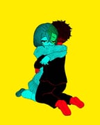 1boy 1girl arms_around_neck ayase_momo black_hair black_jacket black_pants closed_eyes couple crossed_bangs dandadan finchbites gakuran hair_between_eyes hetero highres hug jacket kneeling loose_socks medium_hair pants parted_lips pleated_skirt school_uniform short_hair skirt socks sweater takakura_ken_(dandadan) tears white_socks yellow_background rating:s score:1 post #10175012