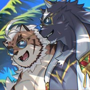 2boys animal_ears bara blue_sky colored_tips commentary_request fangs furry furry_male hombre_tigre_(housamo) looking_at_another male_focus multicolored_hair multiple_boys muscular muscular_male open_mouth palm_tree panther_boy panther_ears pectorals sky smile sunglasses tezcatlipoca_(housamo) tiger_boy tiger_ears tiger_stripes tokyo_afterschool_summoners topless_male tree yow rating:s score:4 post #9717747