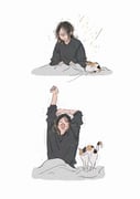 :< absurdres animal arms_up black_hair black_shirt blank_eyes blonde_hair blush calico_(pattern) calico_cat cat closed_mouth commentary_request crew_neck haikyuu!! hair_behind_ear highres kozume_kenma long_sleeves male_focus multiple_views o_(o_jpi7) open_mouth sequential shirt simple_background sitting stretching under_covers waking_up white_background yawning rating:g score:2 post #10148919