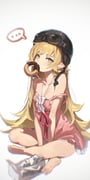 1girl absurdres aviator_cap aviator_goggles bare_shoulders barefoot berserker_r blonde_hair blush donut dress feet food food_in_mouth goggles goggles_on_head highres long_hair looking_at_viewer monogatari_(series) oshino_shinobu pink_dress pointy_ears solo yellow_eyes rating:s score:10 post #10135705