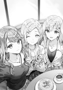 3girls ;) ayase_saki breasts character_request collarbone commentary_request cup double_v earrings food from_above gimai_seikatsu greyscale hair_ornament hairclip highres hiten_(hitenkei) holding holding_cup indoors jacket jewelry looking_at_viewer medium_breasts mole mole_under_eye monochrome multiple_girls necklace novel_illustration official_art one_eye_closed open_mouth pancake pancake_stack plate round_table saucer second-party_source selfie side_part sitting smile table tied_jacket v rating:g score:6 post #10145205